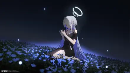 4K Ultra HD Digital Art PC desktop wallpaper/background: an anime girl with long purple hair and a glowing halo kneels amid luminous blue flowers under a quiet, star-speckled night.