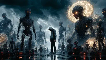 Alien Science Fiction 4K Ultra HD PC desktop wallpaper/background: hooded figure surrounded by towering wireframe-skinned humanoid aliens with glowing eyes and halo-like lattices under a stormy, reflective sky.
