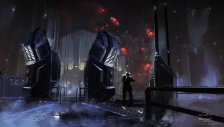 Halo 3: ODST video game HD PC desktop wallpaper and background — lone ODST trooper in a rain-soaked, neon-lit urban ruin beneath towering alien structures and a red-lit sky.