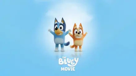 Bluey: The Movie 4K Ultra HD PC desktop wallpaper showing Bluey and Bingo waving on a soft blue background with the movie logo.
