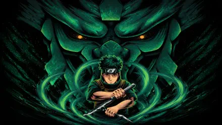 Shisui Uchiha (Naruto) anime 4K Ultra HD PC wallpaper: crouched with blade, green chakra swirling around him as an ominous demonic mask looms behind, orange eyes glowing.