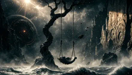 4K Ultra HD PC desktop wallpaper: a gnarled tree with a hanging swing over a storm-tossed ocean, dramatic waves and rocky cliffs beneath a stormy, otherworldly sky.