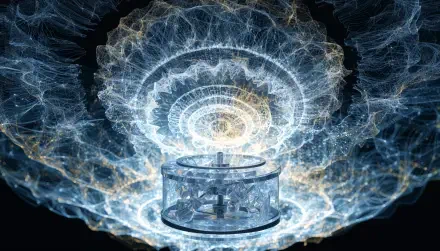 Abstract futuristic music box emitting swirling energy currents and luminous filaments, high-detail technological forms — 4K Ultra HD PC desktop wallpaper background.
