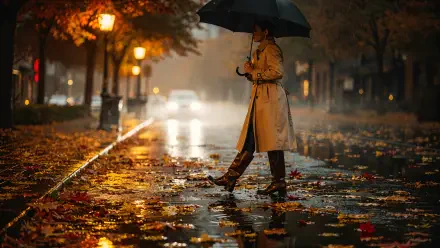 4K Ultra HD PC desktop wallpaper: woman in a trench coat with an umbrella crossing a rain‑slick fall street strewn with wet leaves and glowing lampposts.
