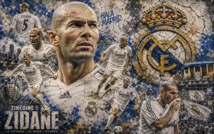 4K Ultra HD PC desktop wallpaper: grunge collage showing a Real Madrid C.F. soccer midfielder in multiple action poses, club crest and stadium backdrop.