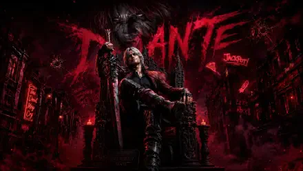Devil May Cry 5 — Dante perched on a throne with sword raised, surrounded by a crimson, demonic cityscape. 4K Ultra HD PC desktop wallpaper background.