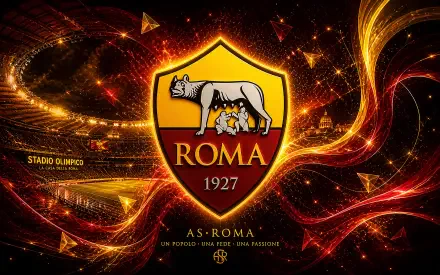 A.S. Roma crest glowing amid fiery red and gold swirls, soccer-themed 4K Ultra HD PC desktop wallpaper evoking stadium energy and passion for sports.