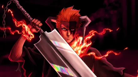Ichigo Kurosaki from Bleach: Thousand-Year Blood War with bankai active — red-haired Ichigo wielding a massive blade surrounded by fiery aura, 5K Ultra HD PC desktop wallpaper.