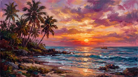 5K Ultra HD PC desktop wallpaper of a tropical sunset over ocean beach with palm trees, vivid clouds, waves on a rocky shore and a distant sailboat.