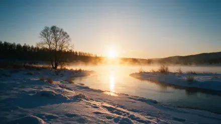 4K Ultra HD PC desktop wallpaper and background: winter sunrise over a snowy river landscape, golden sun and mist reflecting on calm water, bare trees and low hills.
