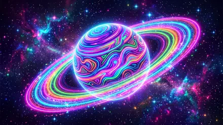 Vibrant neon Saturn-like planet with swirling multicolor rings against a starry galaxy backdrop — 5K Ultra HD PC desktop wallpaper and background.