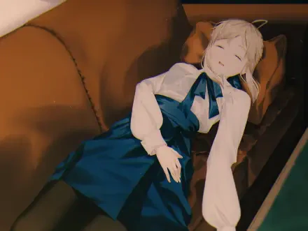 4K Ultra HD PC desktop wallpaper: Anime Artoria Pendragon (Fate series) reclining on a couch with eyes closed, wearing a blue dress and white blouse, soft warm lighting.