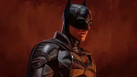 5K Ultra HD digital art PC wallpaper of Batman — brooding armored superhero in a dark cowl against a textured crimson background.