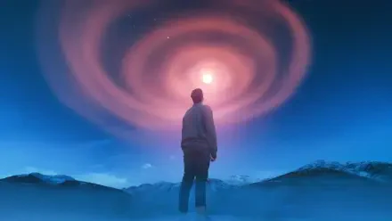 5K Ultra HD PC desktop wallpaper background: a lone man stands beneath a glowing spiral of light in the sky, framed by misty mountains and a luminous, otherworldly glow.