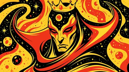 2K Quad HD PC desktop wallpaper of a royal demon king wearing a crown, fiery red-and-gold flames and cosmic stars swirling around a stern demonic face.