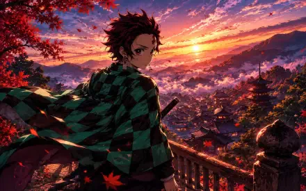 Tanjiro Kamado from the anime stands on a wooden balcony at sunset, sword at his side, green-black checkered haori and falling red maple leaves — 4K Ultra HD PC desktop wallpaper background.