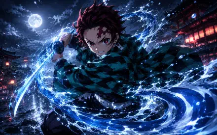 Tanjiro Kamado, Anime hero, slashing a glowing water-breathing blade under a full moon with swirling blue waves and a night temple backdrop — 4K Ultra HD PC desktop wallpaper/background.