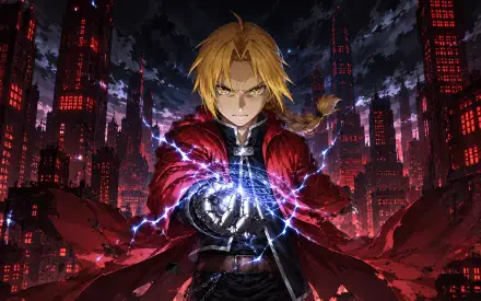 Edward Elric (anime) in a red coat channeling crackling alchemy from his hand against a neon-lit ruined city skyline — 4K Ultra HD PC desktop wallpaper and background