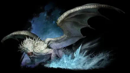 8K Ultra HD PC desktop wallpaper of a snarling white dragon from Dragon's Dogma 2: Dark Arisen bursting from icy water, wings unfurled and claws cutting through a storm-dark backdrop.