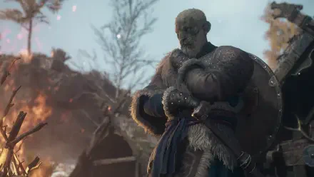 Burly Viking warrior in fur-lined armor and round shield, arms crossed amid fire and snow — Dragon's Dogma 2 Dark Arisen 4K Ultra HD PC desktop wallpaper.