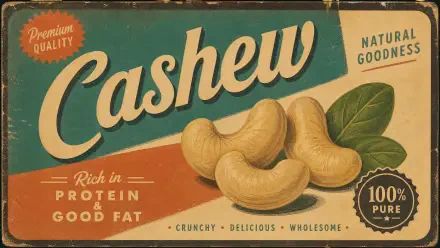 4K Ultra HD PC desktop wallpaper of vintage cashew nut snack packaging: bold Cashew title, three cashew nuts with leaves, rich in protein & good fat text and a 100% pure badge.