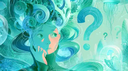 Artistic illustration of a contemplative woman with swirling teal hair and question marks, 2K Quad HD PC desktop wallpaper and background.