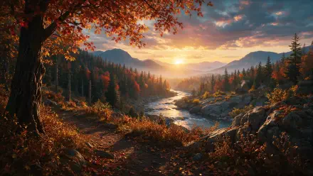 4K Ultra HD PC desktop wallpaper: fall forest landscape with a sunlit river winding through autumn trees toward distant mountains at sunset.