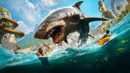 Maneater 2: massive shark lunges from a splash in a chaotic water park as swimmers and riders flee; 4K Ultra HD PC desktop wallpaper and background.