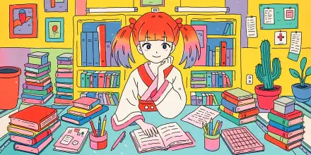 4K Ultra HD anime wallpaper of a smiling girl with red twin-tails studying at a desk surrounded by open books, pens and colorful bookshelves—PC desktop background.