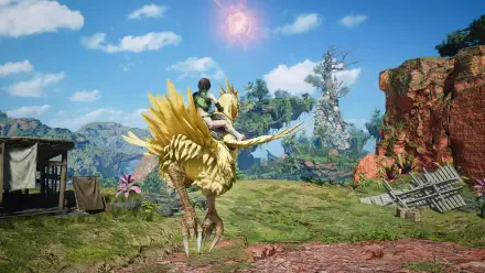 Yuffie Kisaragi from Final Fantasy VII Revelation rides a chocobo across lush hills beneath a bright sky — 4K Ultra HD video game PC desktop wallpaper/background.