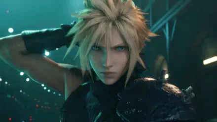 Cloud Strife from Final Fantasy VII stares ahead, Buster Sword on his back, moody neon-lit city behind him — HD PC desktop wallpaper background.