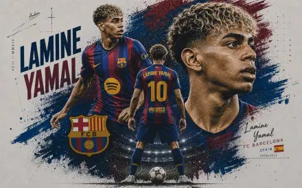 4K PC desktop wallpaper showing three artistic portraits of a soccer player in FC Barcelona number 10 kit with club crest, blue-red paint strokes and energetic sports style