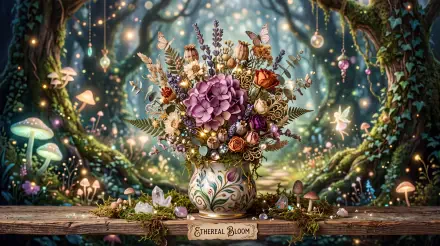 5K Ultra HD PC desktop wallpaper background: ornate vase holds a lush bouquet of flowers and foliage amid a glowing, enchanted forest scene.