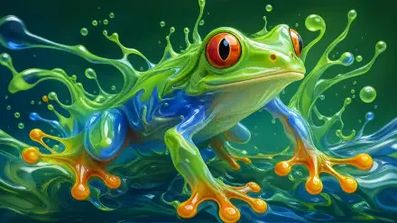 Vibrant tree frog with bright red eyes and neon green-blue skin, splashing through droplets — 4K Ultra HD PC desktop wallpaper and background.