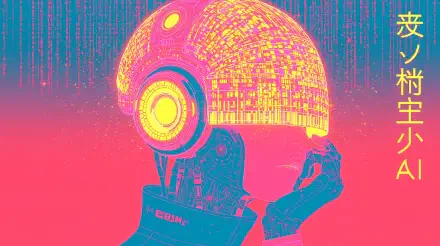 Vibrant sci-fi cyborg wearing a glowing circuit-patterned helmet; neon pink, yellow and teal palette in 2K Quad HD PC desktop wallpaper/background.