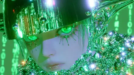 Sci-fi anime portrait of a woman with a metallic visor, glowing green eyes, and jeweled chrome collar with reflective droplets — 2K Quad HD PC desktop wallpaper