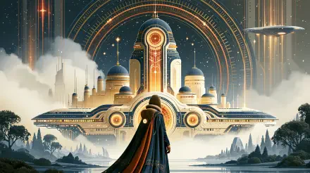 Futuristic sci‑fi palace city with golden domes, glowing arch rings and misty skyline; a cloaked figure gazes toward the spired complex — 2K Quad HD PC desktop wallpaper background.