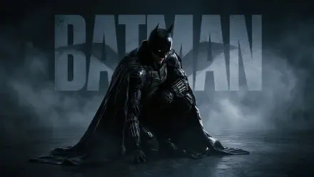 Brooding Batman in armored suit kneels on wet floor, cape spread, fog and giant BATMAN title looming — 4K Ultra HD PC desktop wallpaper/background.