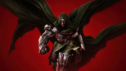Doctor Doom digital art 4K Ultra HD PC desktop wallpaper/background: armored, cloaked villain strides forward against a dramatic red backdrop.