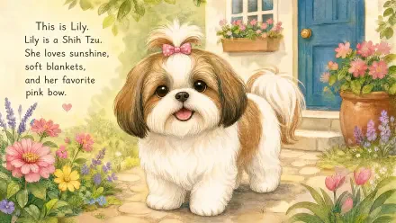 4K Ultra HD PC desktop wallpaper: illustrated Shih Tzu dog with a pink bow, smiling in a sunny flower-filled garden by a blue door.
