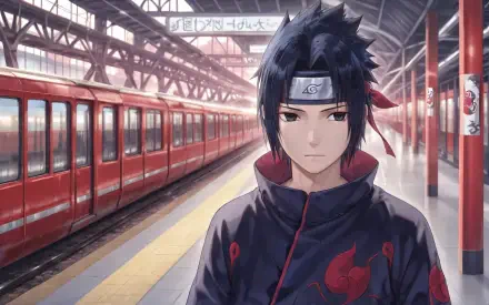 4K Ultra HD PC desktop wallpaper of Sasuke Uchiha (Naruto) standing on a train platform, wearing a dark cloak and headband, moody anime lighting.