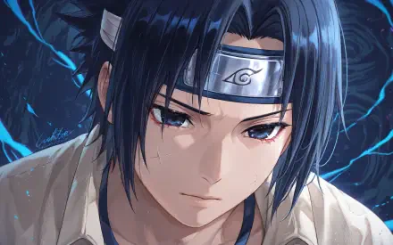 Sasuke Uchiha from Naruto, close-up portrait with Konoha headband and blue lightning motif; 4K Ultra HD PC desktop wallpaper and background.