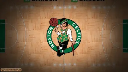 4K Ultra HD PC desktop wallpaper showing the Boston Celtics NBA basketball logo centered on a hardwood court with green emblem and visible court lines.