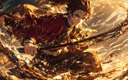 Tanjiro Kamado charging through golden swirling flames, katana drawn in a dynamic anime 4K Ultra HD PC desktop wallpaper background.
