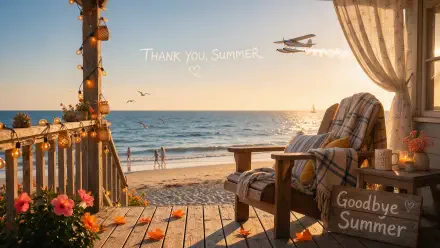 2K Quad HD wallpaper: cozy porch chair with blanket and Goodbye Summer sign, string lights and flowers, overlooking a golden ocean sunset, beach silhouettes and a passing plane.