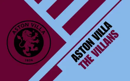 2K Quad HD PC desktop wallpaper showing Aston Villa F.C. circular logo and bold Aston Villa The Villans text over a claret and sky-blue diagonal geometric background.
