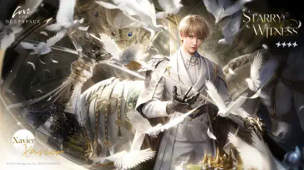 4K Ultra HD anime wallpaper of Xavier: a refined young man in white, doves and celestial light surround him in a Love and Deepspace themed PC desktop background.