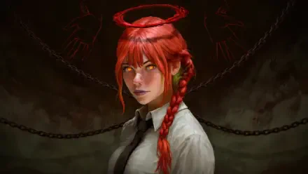 Makima (Chainsaw Man) anime 4K Ultra HD PC desktop wallpaper and background: red-haired Makima with braided hair, a glowing halo, piercing golden eyes and chains against a dark backdrop.