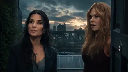 4K Ultra HD PC desktop wallpaper: portrait of two women from Practical Magic 2 on a rooftop at dusk, a city bridge skyline behind them with moody, cinematic lighting.