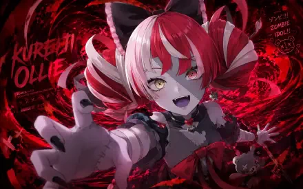 4K Ultra HD PC desktop wallpaper background of Virtual YouTuber Kureiji Ollie: red-and-white twin-tailed zombie idol reaching toward the viewer amid swirling crimson energy.